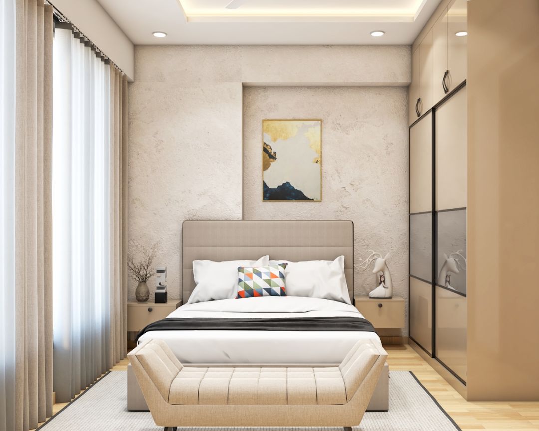 Spacious Guest Room Design With Beige Textured Wallpaper And 2-Door ...