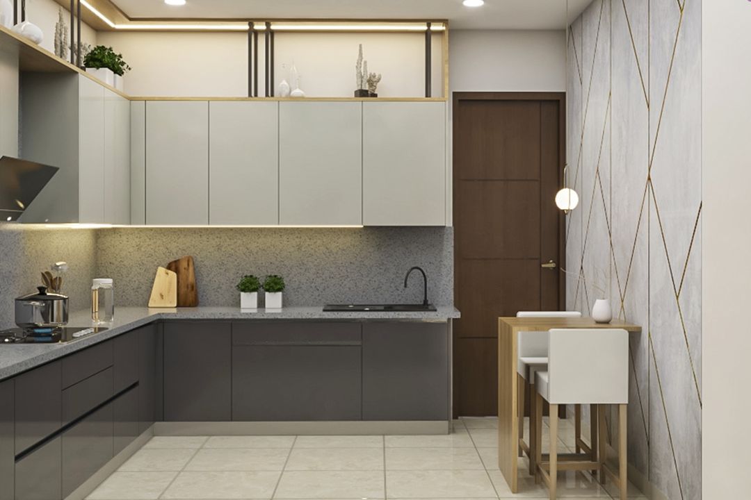 Modern U-Shaped Kitchen Design with Gothic Grey and Champagne Cabinets ...