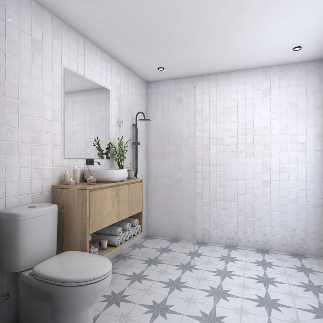 White And Grey Spacious Bathroom Design With Wooden Bathroom Countertop ...