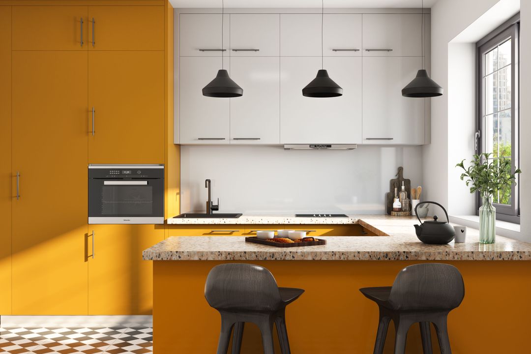 View of Modern U-Shaped Kitchen Design With Cabinets and Breakfast Counter ...