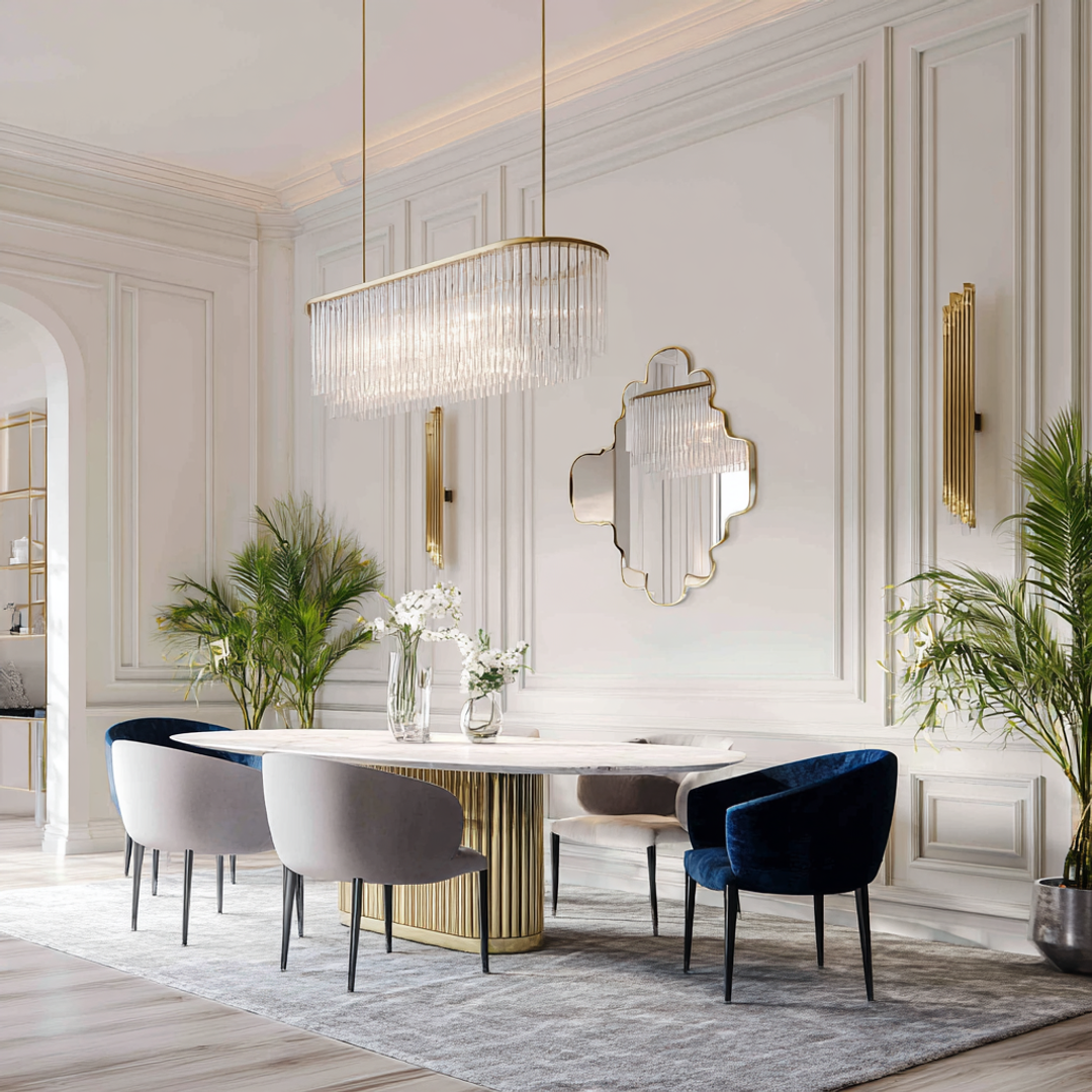6-Seater Modern Dining Room Design with Marble Table and Velvet Seating ...