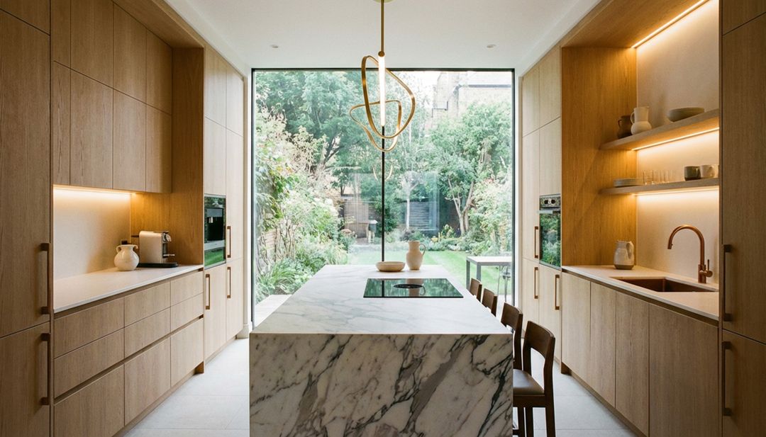 Modern Island Kitchen Design with Walnut Storage Cabinets and Quartz ...