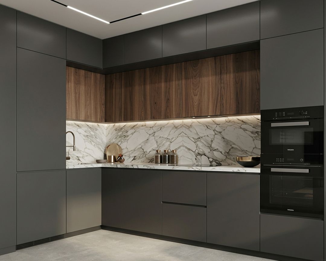 L-Shaped Contemporary Kitchen Design with Slate Cabinets and Marble ...