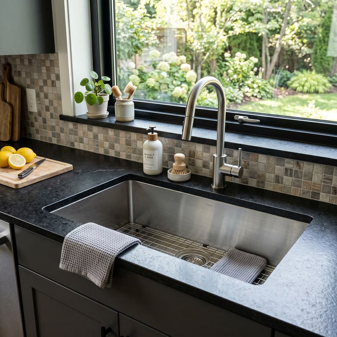 Integrated Kitchen Sink Design with Stainless Steel Single Bowl | Livspace