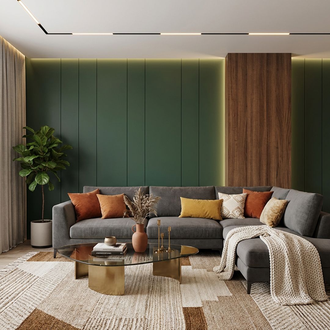 Modern Living Room Design with Textured Wall and Grey Sectional Sofa ...