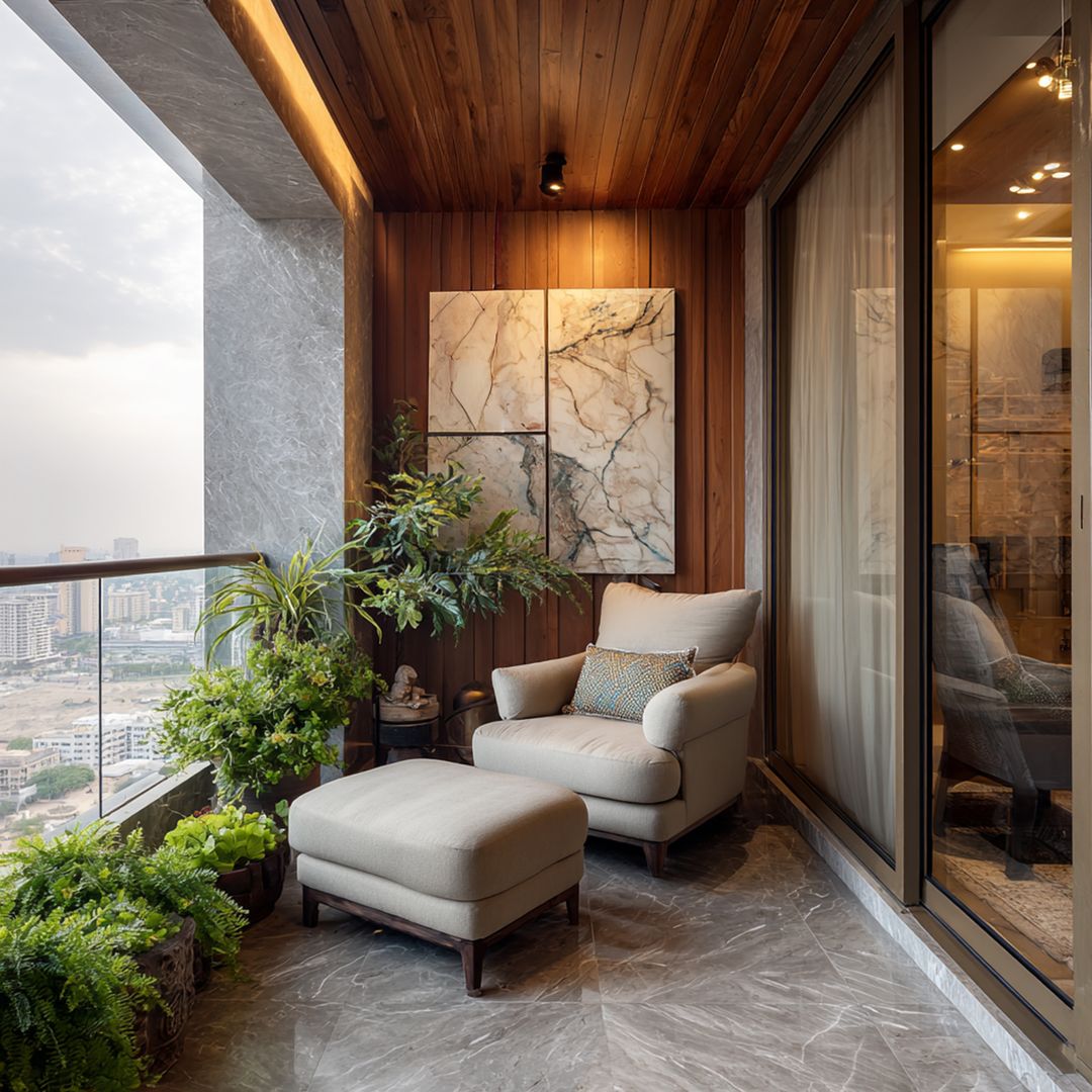 Modern Balcony Design with Marble Artwork and Lounge Seating | Livspace