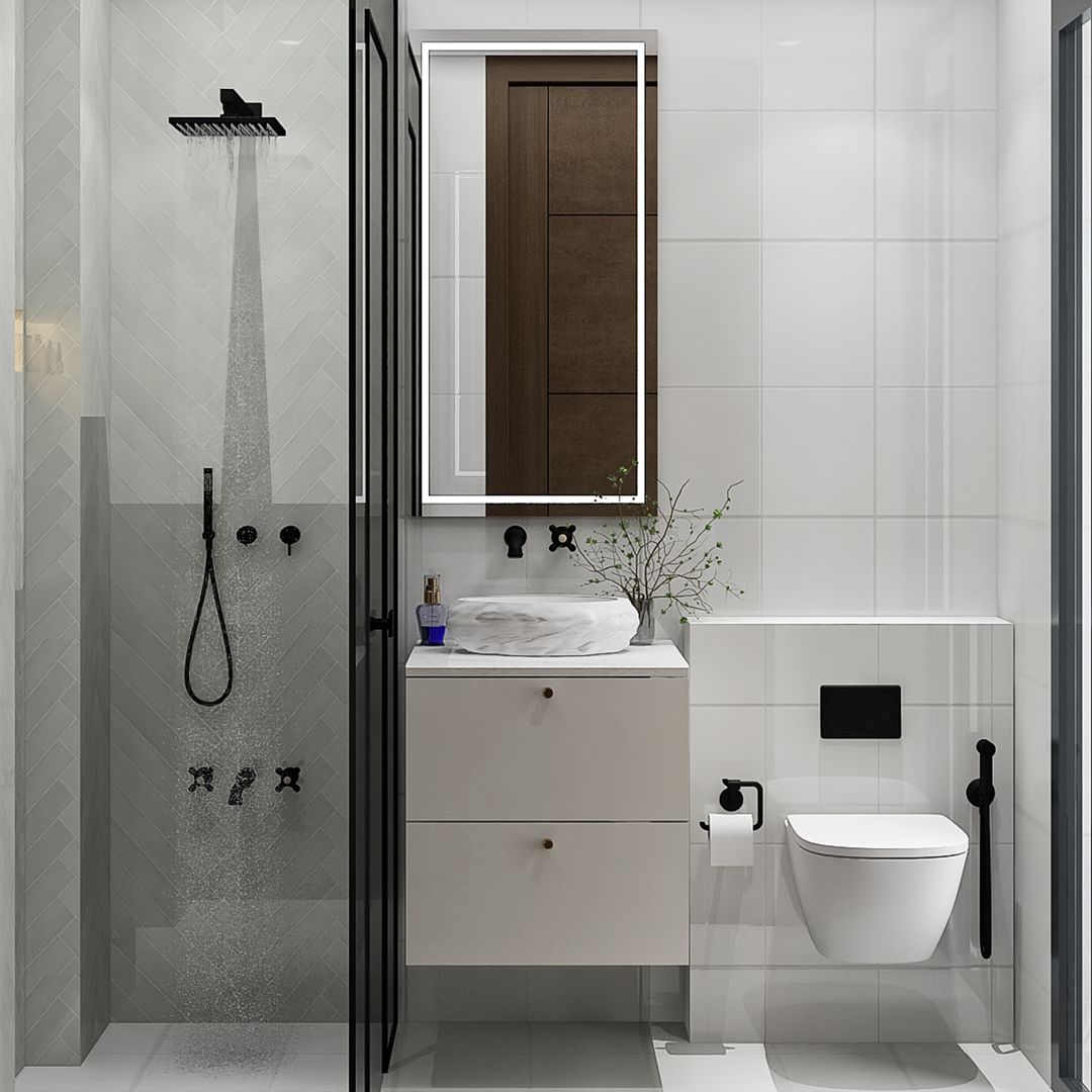Bathroom Design with Contemporary Marble Vanity and White and Grey ...
