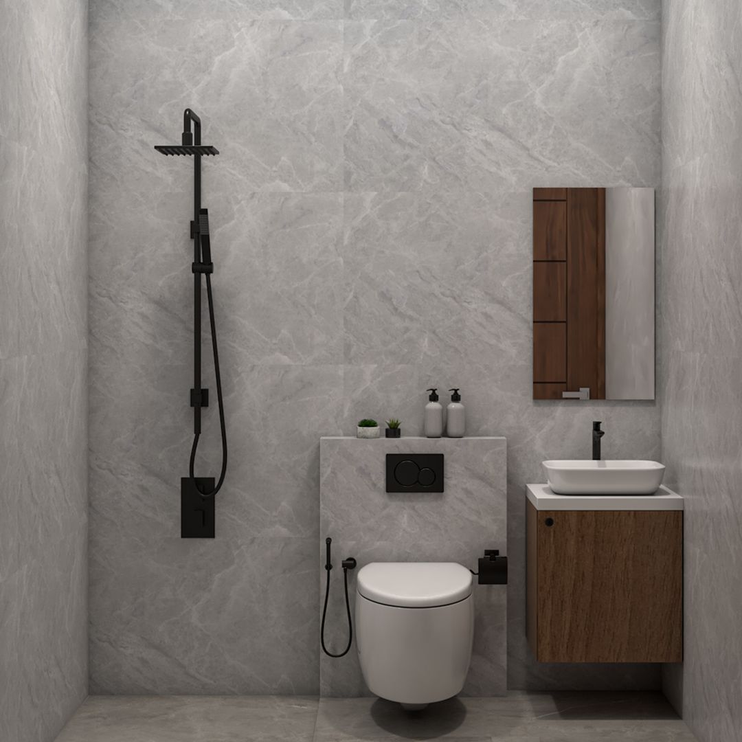 Grey Modern Bathroom Design with Floating Wood Vanity and Rectangle ...