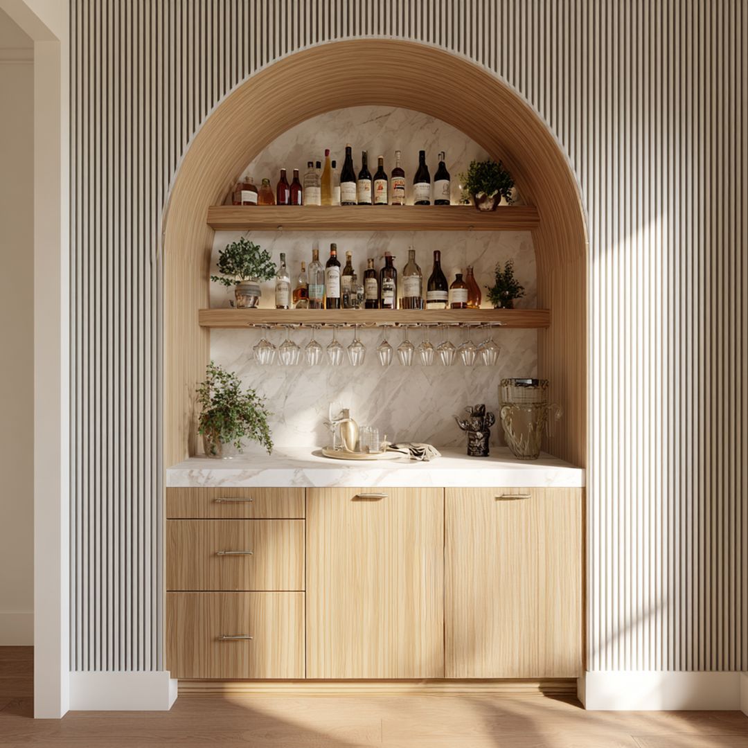 Classic Home Bar Design with Arched Niche and Marble Backsplash | Livspace