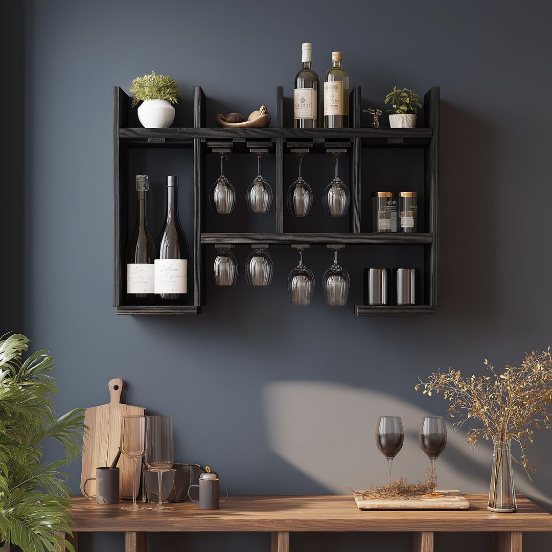 Black Wood Modern Home Bar Design with Matte Finish and Hanging Glass ...