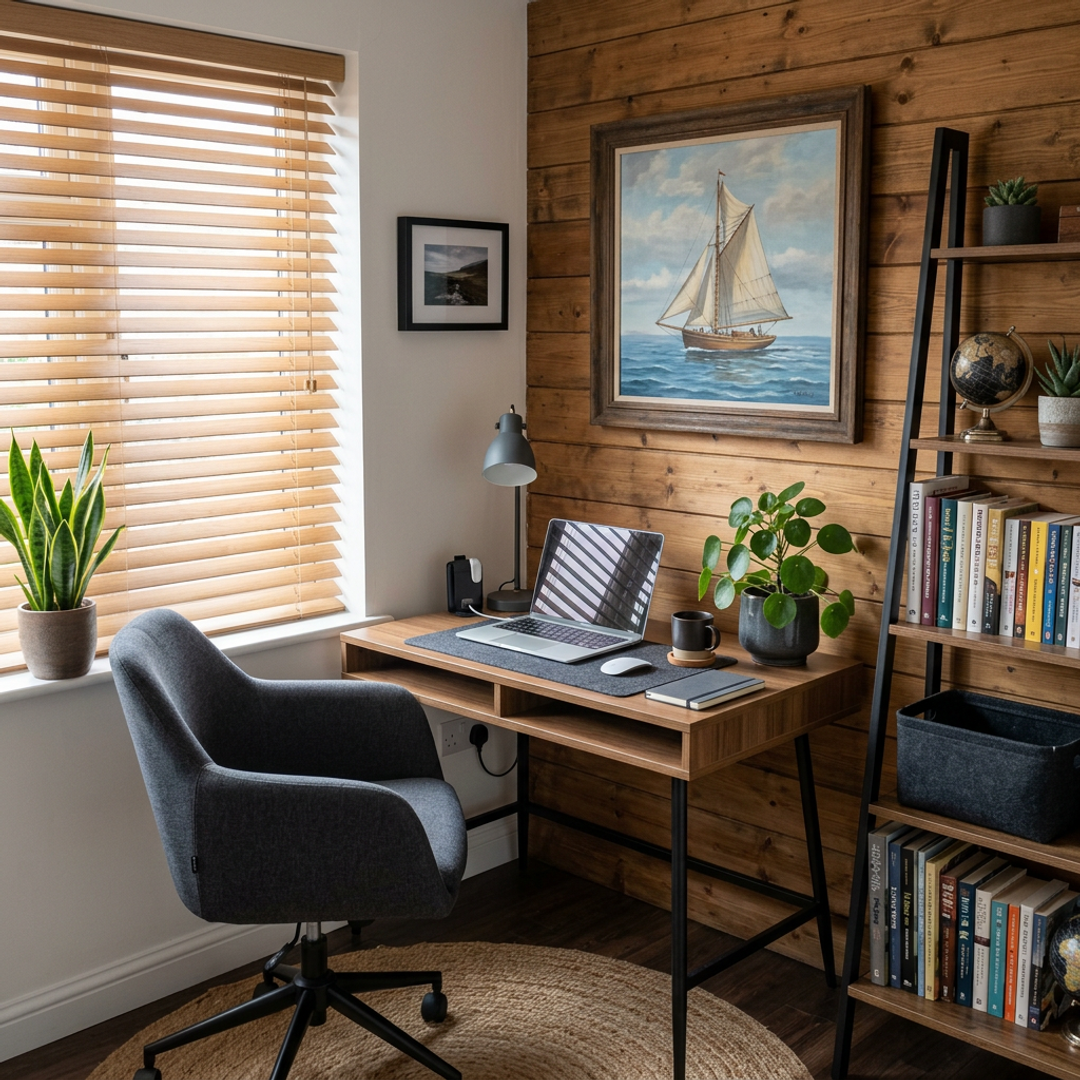 Contemporary Walnut Home Office Design with Wooden Storage and Desk ...