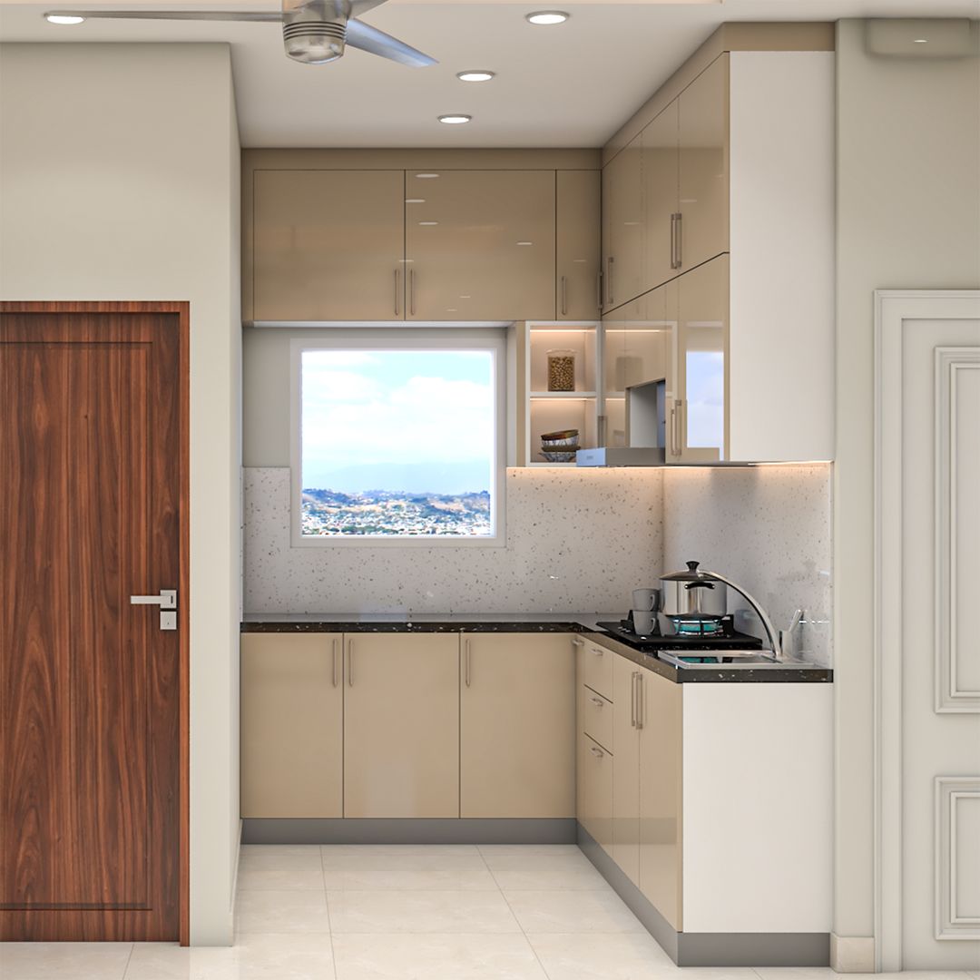 Modern Irish Cream L-Shaped Kitchen Design with Glass Display Shelves ...