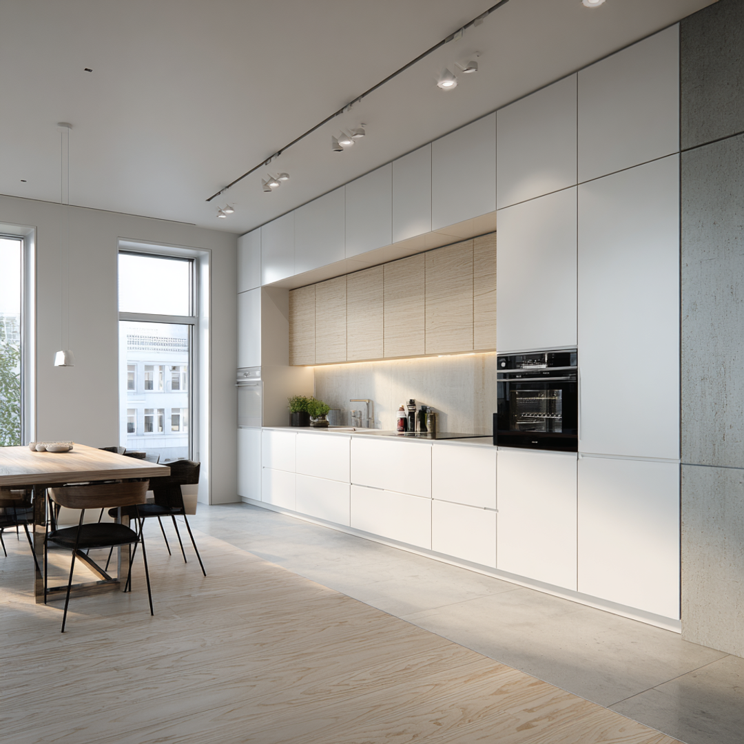 Modern Walnut and White Open Kitchen Design with Suede Finish and ...