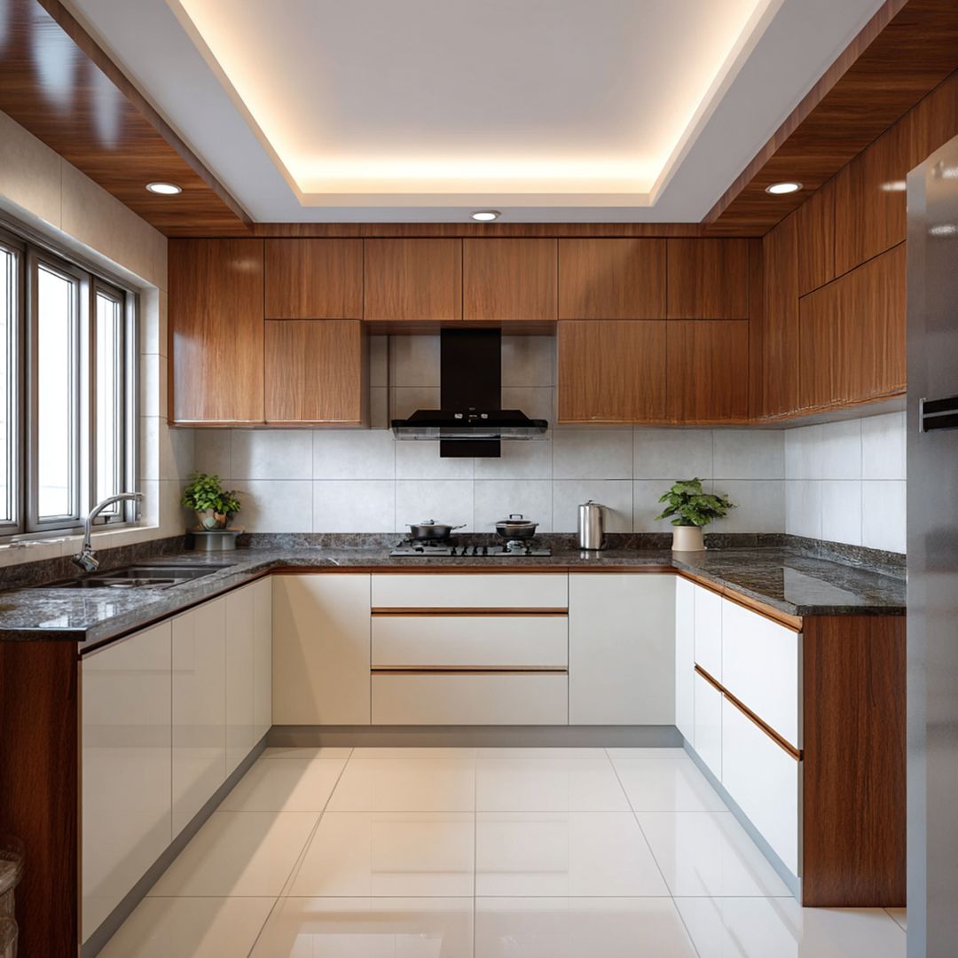 White and Amati Contemporary U-Shaped Kitchen Design with Granite Top ...
