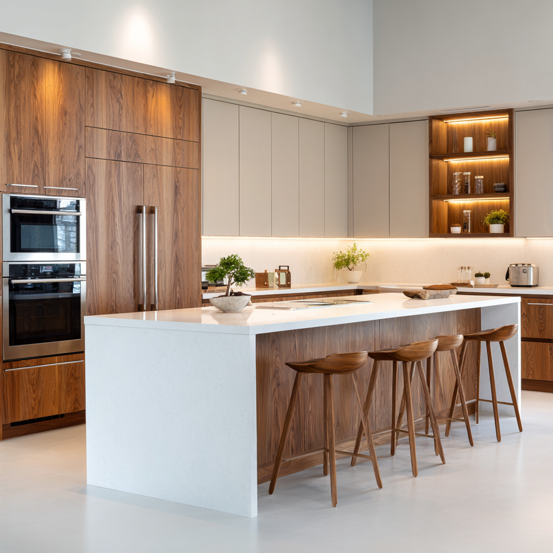 Contemporary Island Kitchen Design with Walnut and Grey Cabinets | Livspace