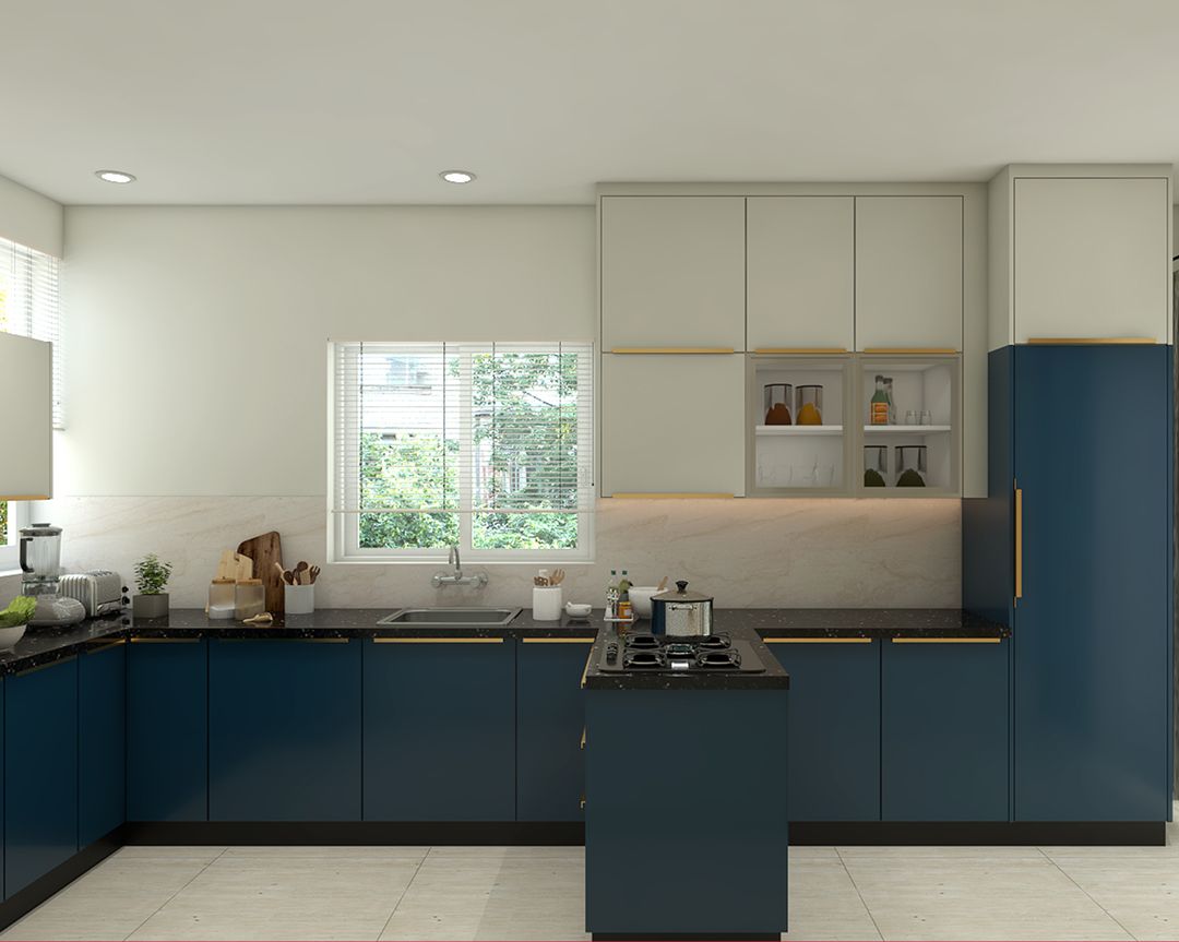 Contemporary Blue and White U-Shaped Kitchen Design with Granite ...