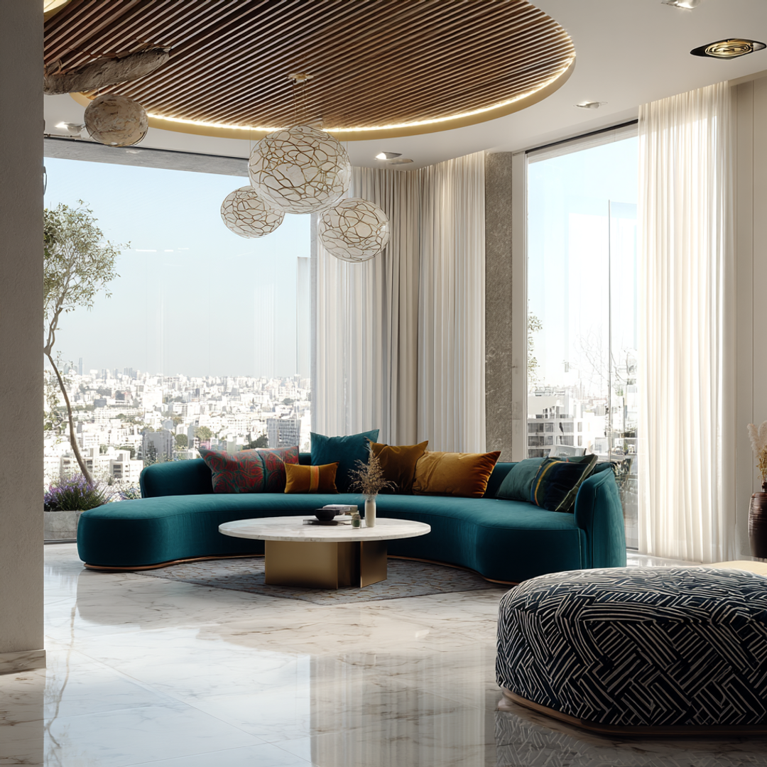Modern Living Room Design with Curved Velvet Sofa and Round Marble ...