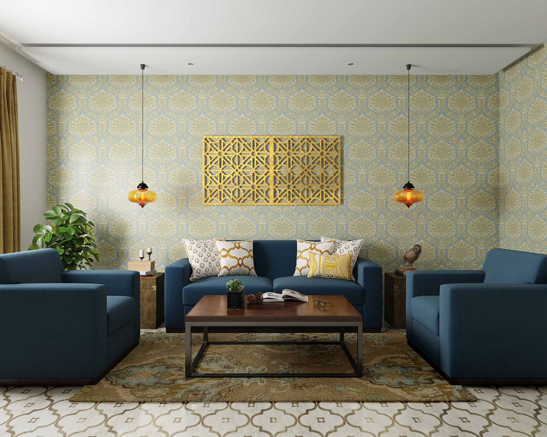 Traditional Living Room Design with Blue 3-Seater Sofa and Armchairs ...