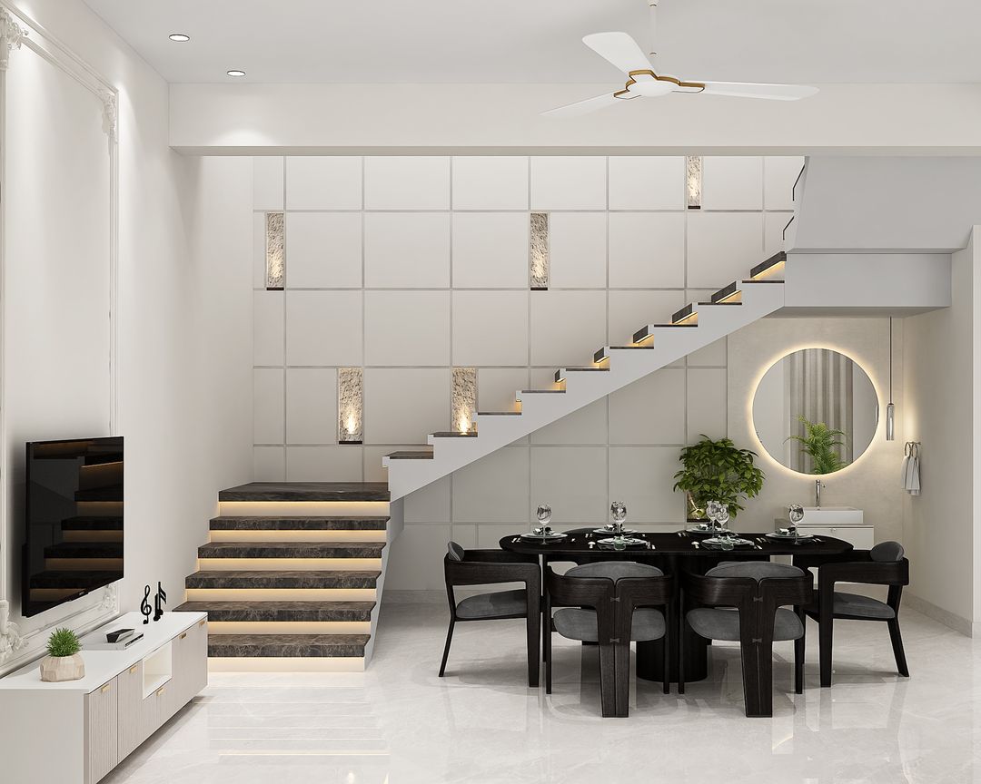L-Shaped Modern Staircase Design with Black Marble and White Paint ...