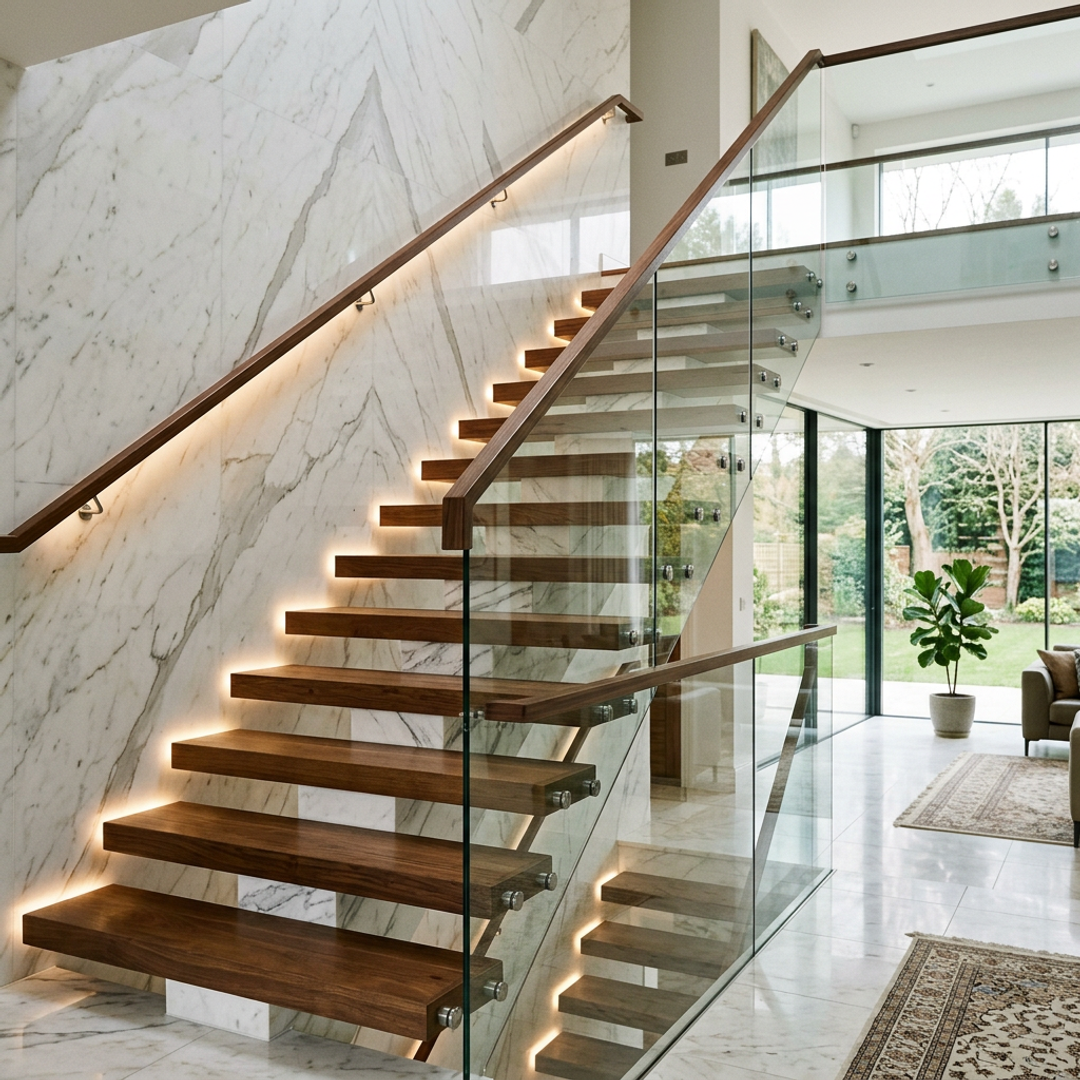 L-Shaped Modern Staircase Design with Wood and Glass Finish | Livspace