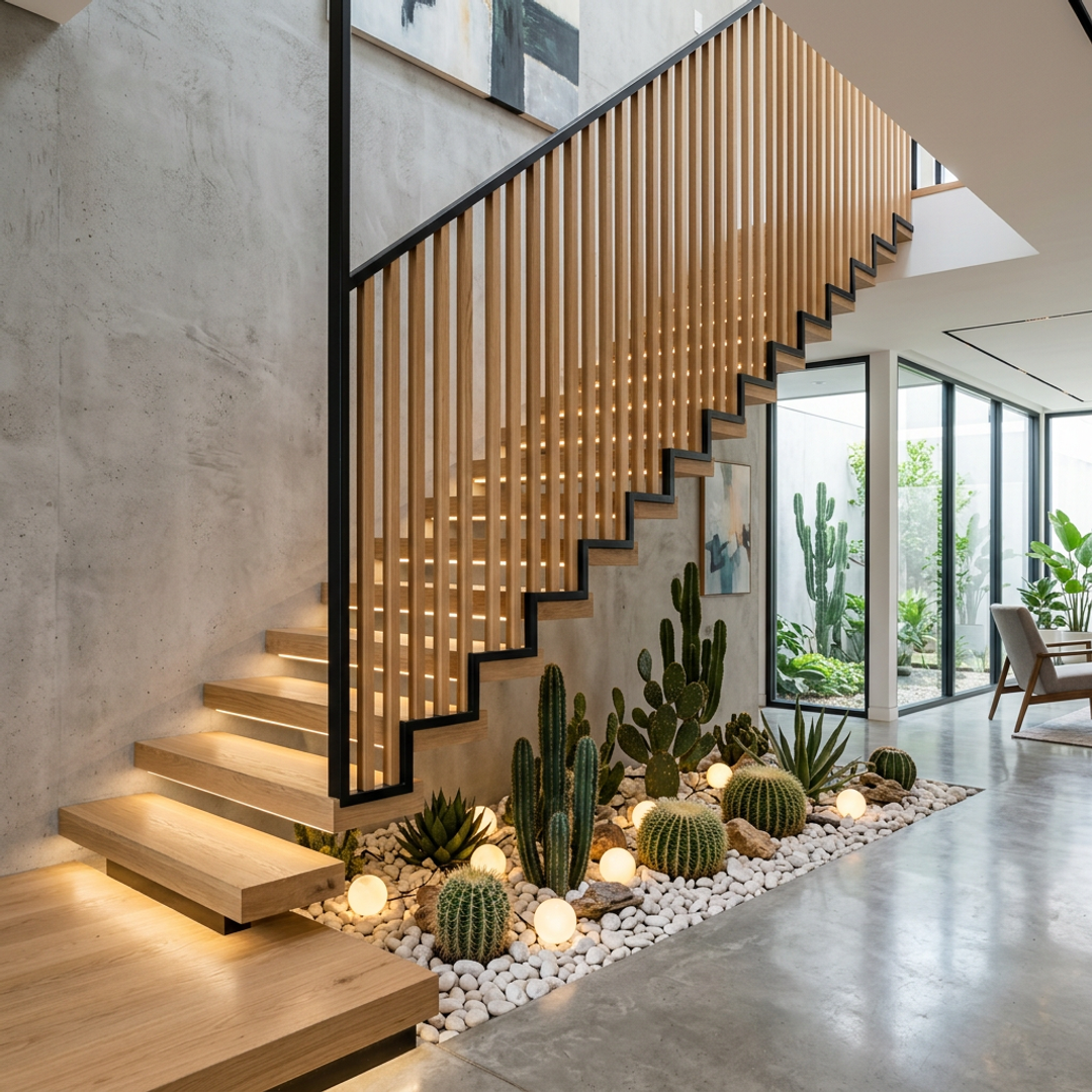 L-Shaped Modern Staircase Design with Wooden Finish | Livspace