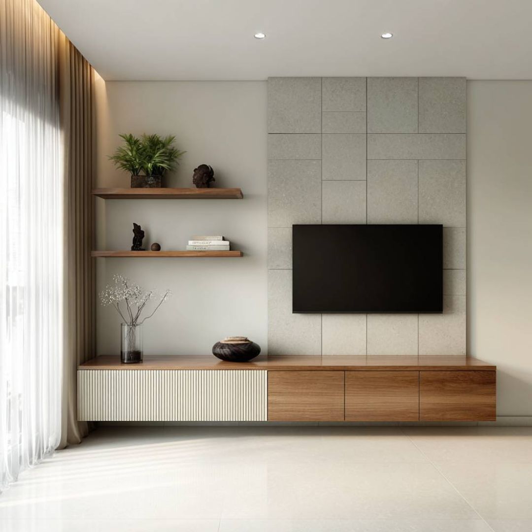 Modern Walnut TV Unit Design with Ribbed Panel Storage and Open Shelf ...