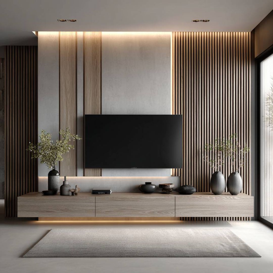 Walnut Modern TV Unit Design With Floating Drawer Storage and Wood ...