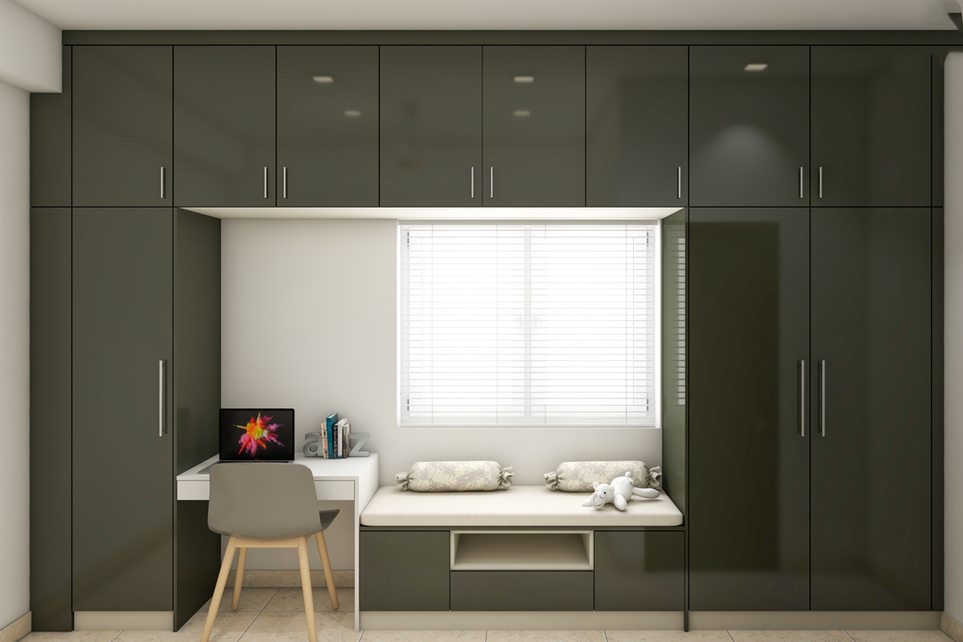 Multifunctional Wardrobe with Cushion Seating and Small Study | Livspace