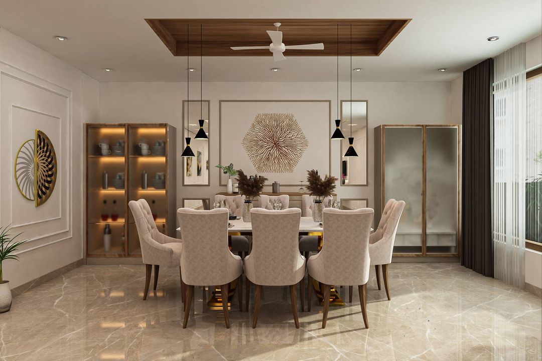 Contemporary Dining Room With Marble Top And Beige Tufted Chairs | Livspace