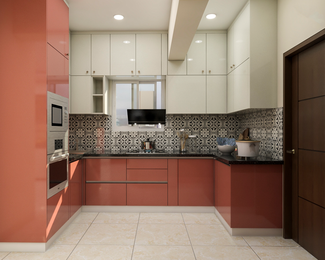 Spacious U-Shaped Kitchen Design With Peachish Red Cabinets | Livspace