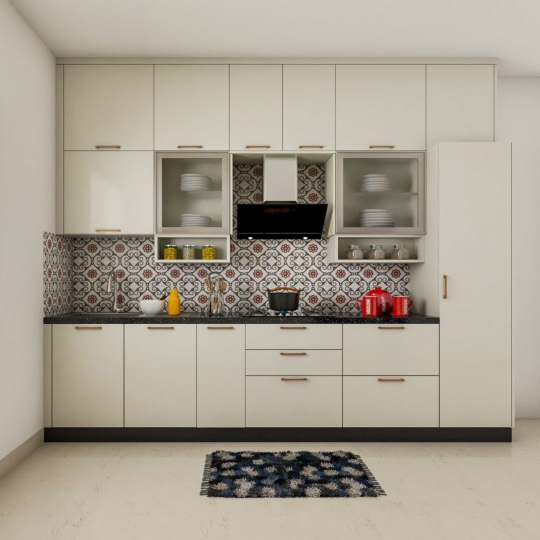 Modern White Kitchen Design With Black Countertop | Livspace