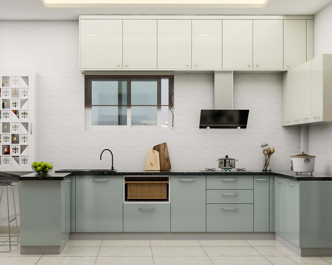 Compact Open Kitchen Design With Blue And White Cabinets | Livspace