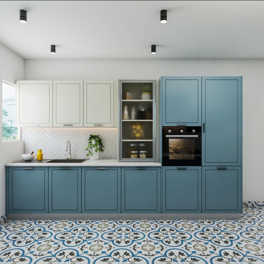 White And Blue Parallel Kitchen With Subway Patterned Tiles | Livspace