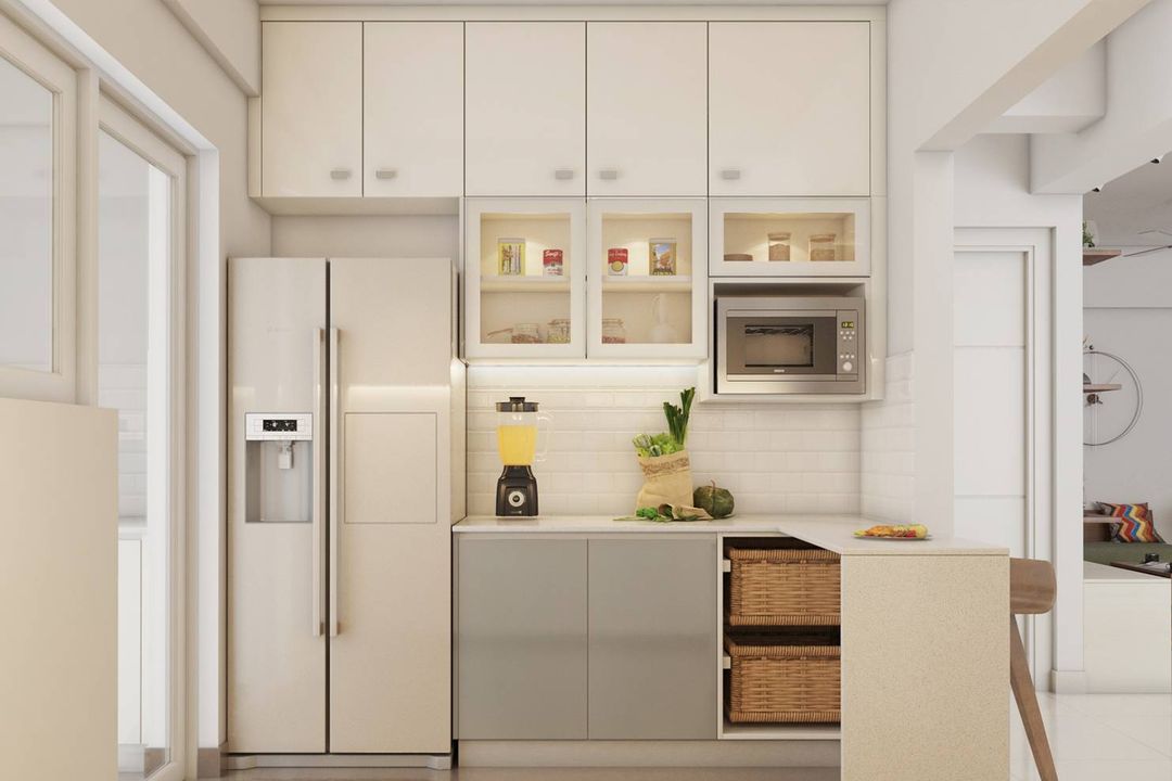 Compact Kitchen Design With Glass Storage Cabinets And In-Built ...