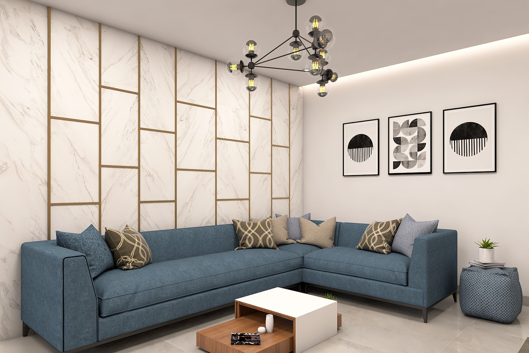 Spacious Living Room Design With Large Blue Upholstered Sofa And Marble ...