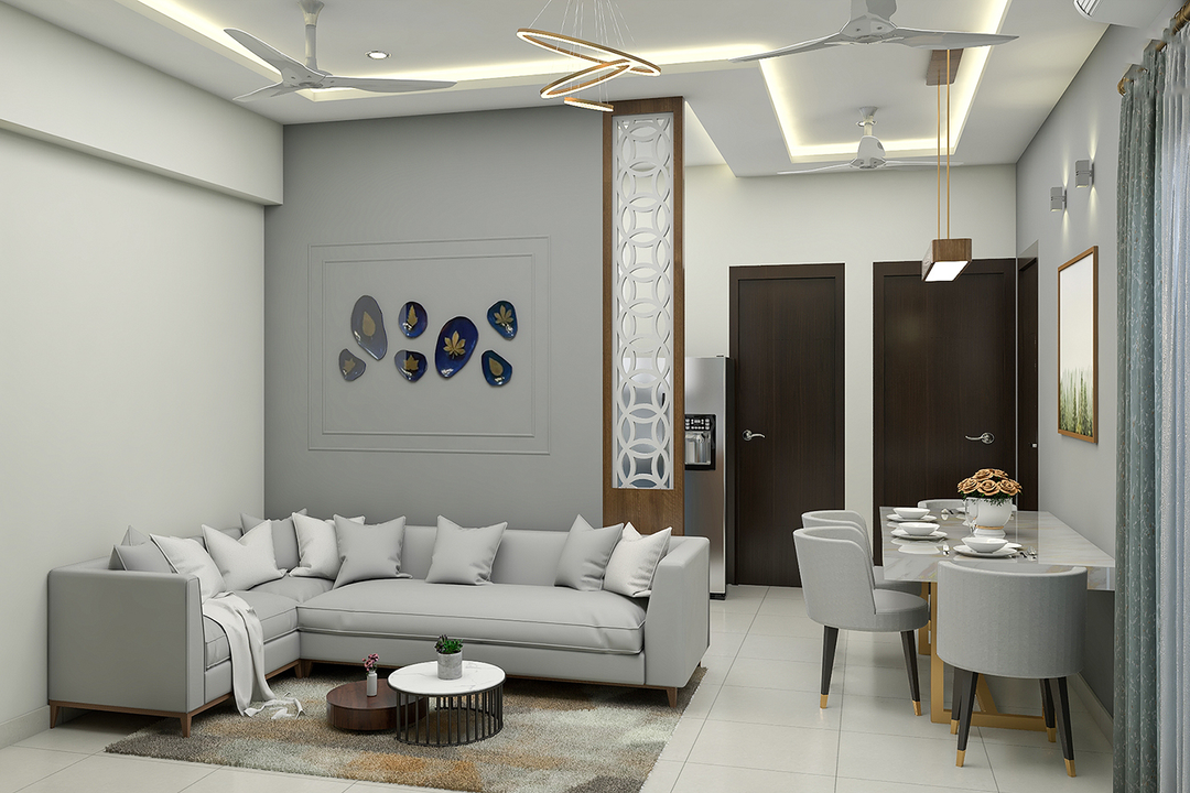 Spacious Monochromatic Grey-Themed Living Room Design | Livspace