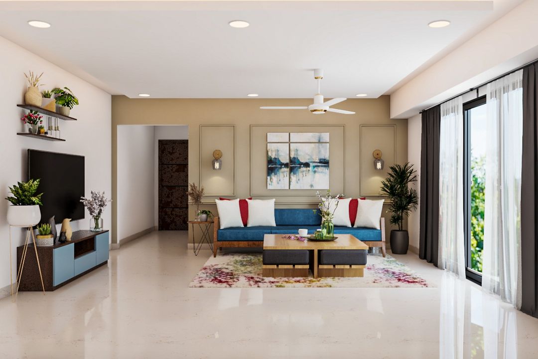 Contemporary Living Room With Wall Trims And Blue Three-Seater | Livspace