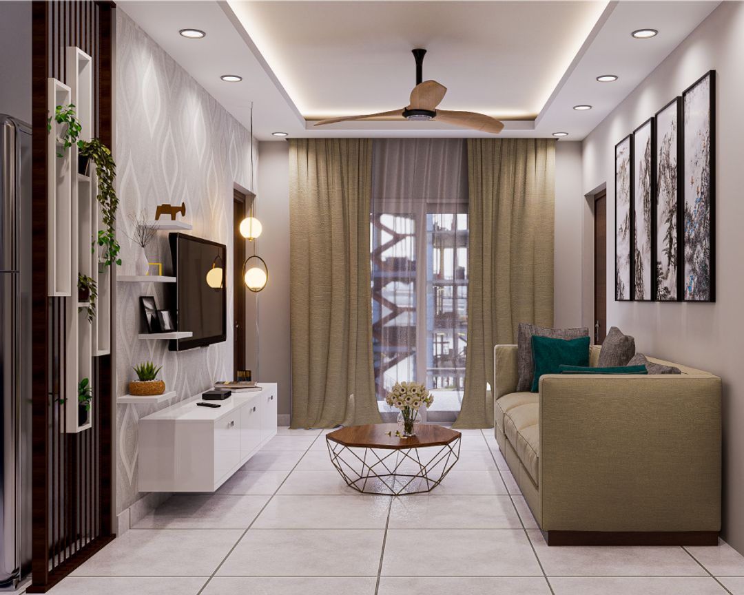 Modern Living Room Design With Pastel Shades And False Ceiling | Livspace