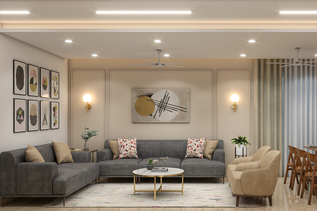 Spacious Living Room Design With Grey Sofa | Livspace