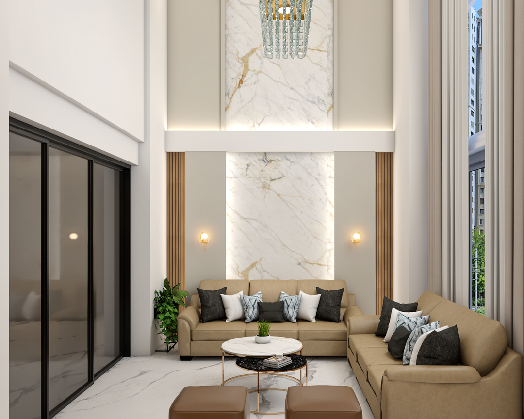 Spacious Living Room Design With High Chandelier And Marble Backdrop ...