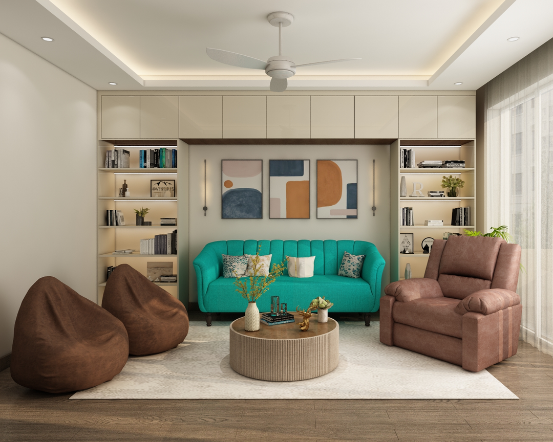 Spacious Living Room Design With Loft Storage | Livspace