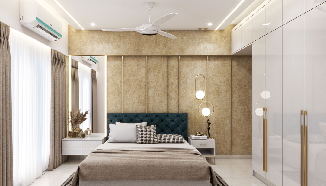 Contemporary Spacious Master Bedroom Design With White Dresser | Livspace