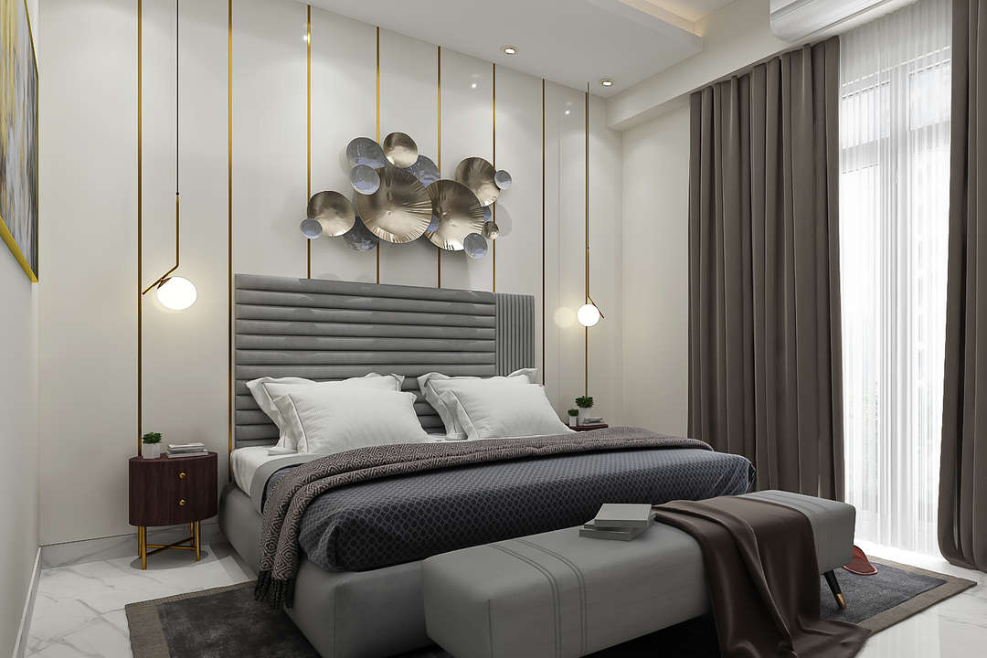 Modern Grey-Themed Master Bedroom Design With Grey Tufted Bed And ...