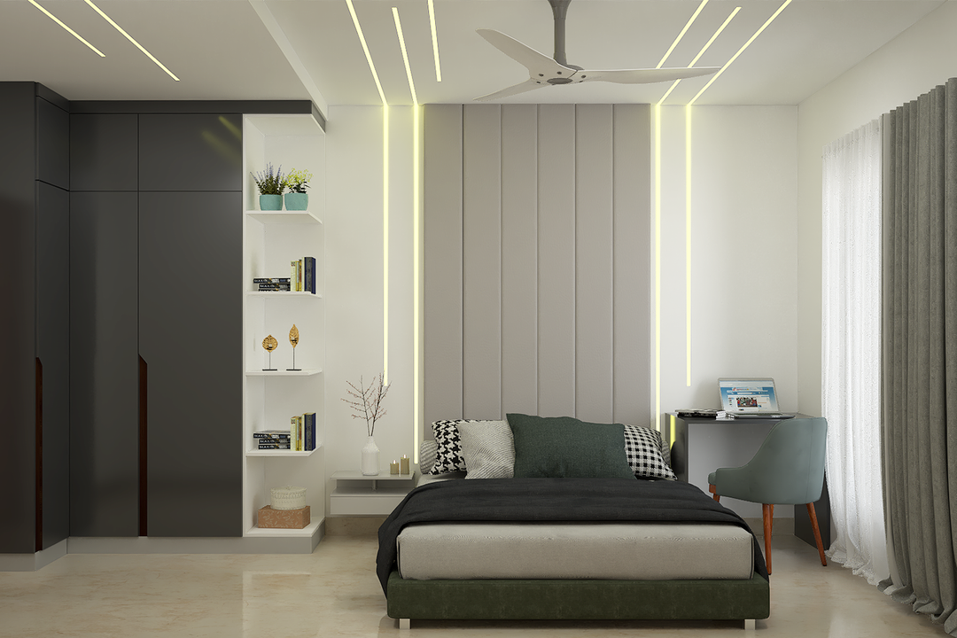 Modern Urban Styled Dark Grey Bedroom With L-shaped Wardrobe And Study ...