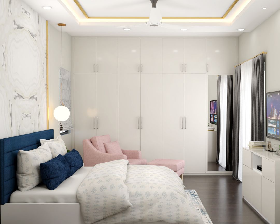 Spacious Master Bedroom Design With Oval Dresser Mirror | Livspace