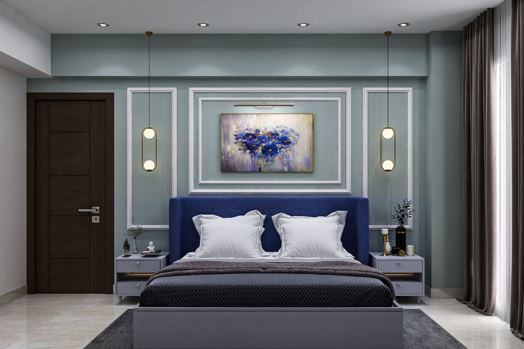 Spacious Master Bedroom Design With Dark Blue Tufted Headboard | Livspace