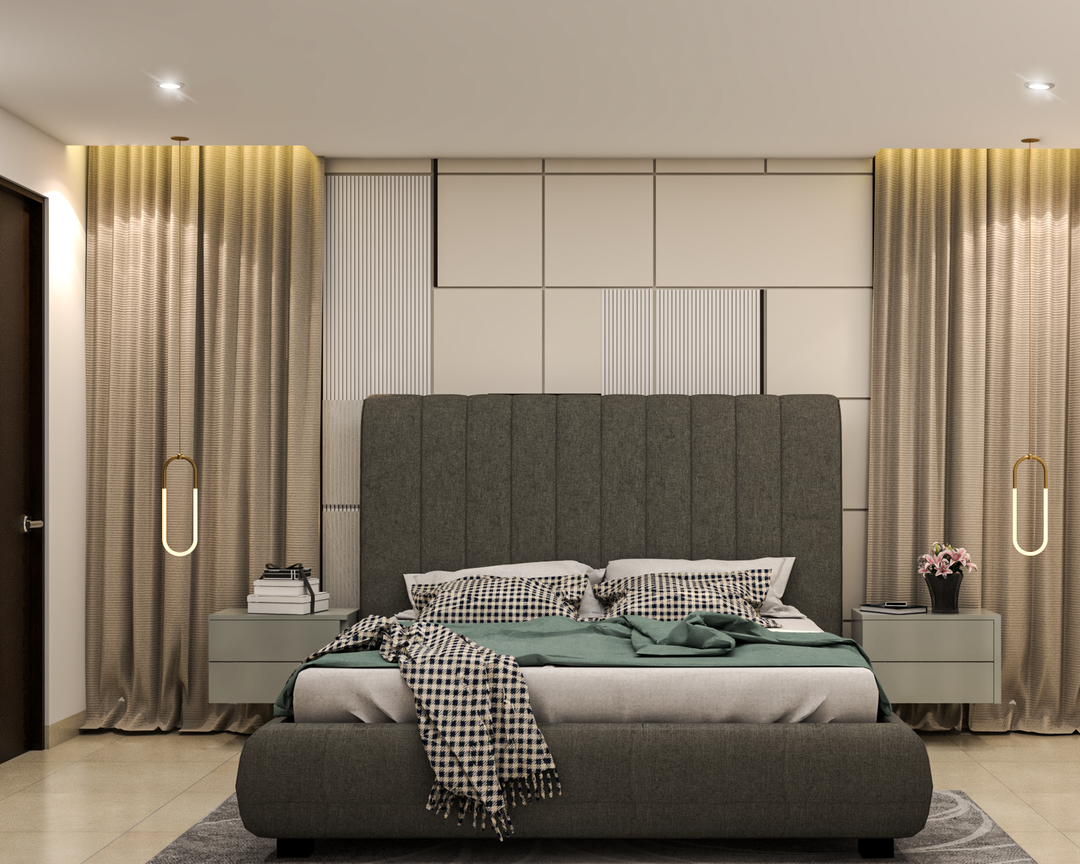 Spacious Master Bedroom Design With Dark Grey Tufted Headboard And ...