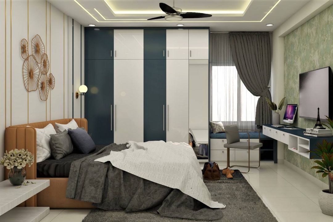 Spacious Master Bedroom Design With Blue Panelling | Livspace