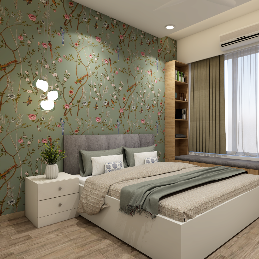 Spacious Master Bedroom Design With Green Wallpaper And Grey Tufted ...