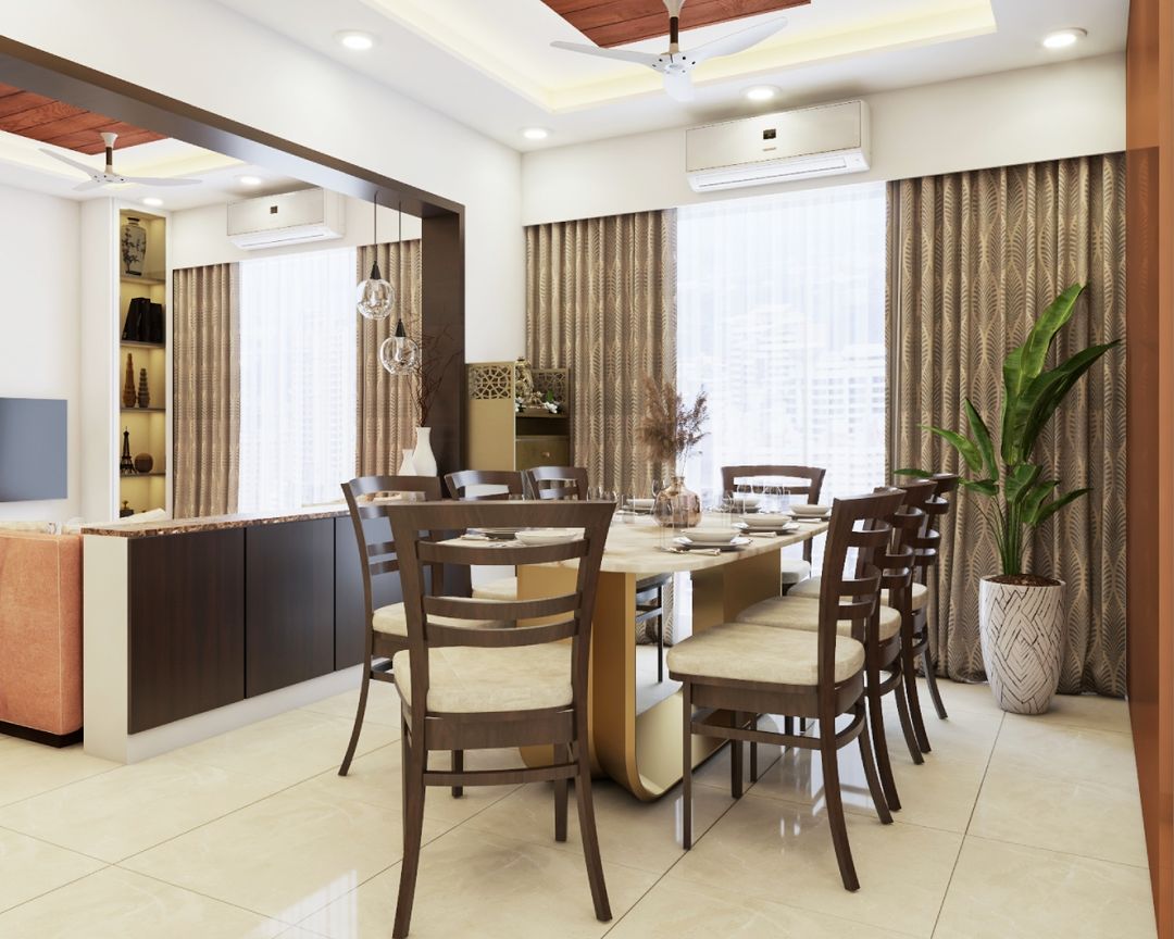 8-Seater Dining Room Design With Marble Countertop And Beige ...